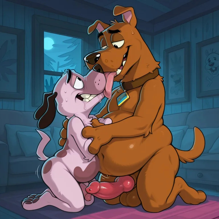 Two Courage Dogs Embrace in a Romantic Kiss