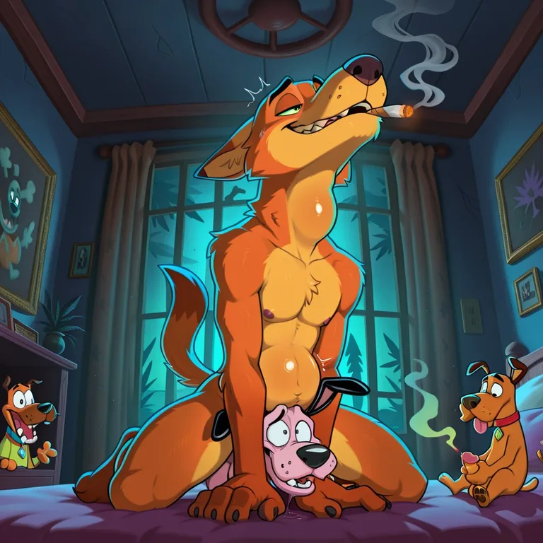 Courage the Cowardly Dog and Scooby-Doo in a Glowing Rainbow Forest