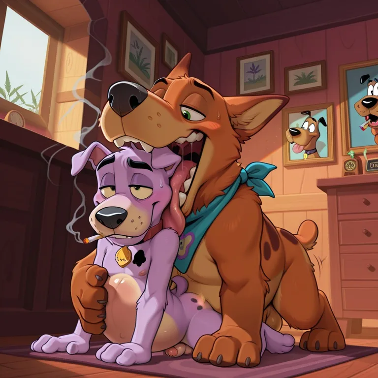 Two Cartoon Dogs Sharing a Joint Outdoors