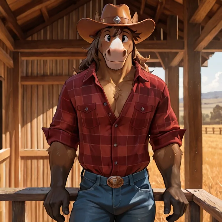 Brown Horse Anthro Cowboy Wearing Flannel