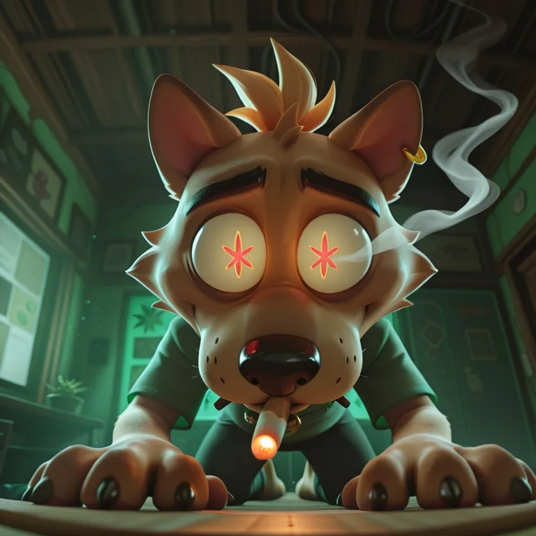 Green-Eyed Canine Smoking in Neon Glow
