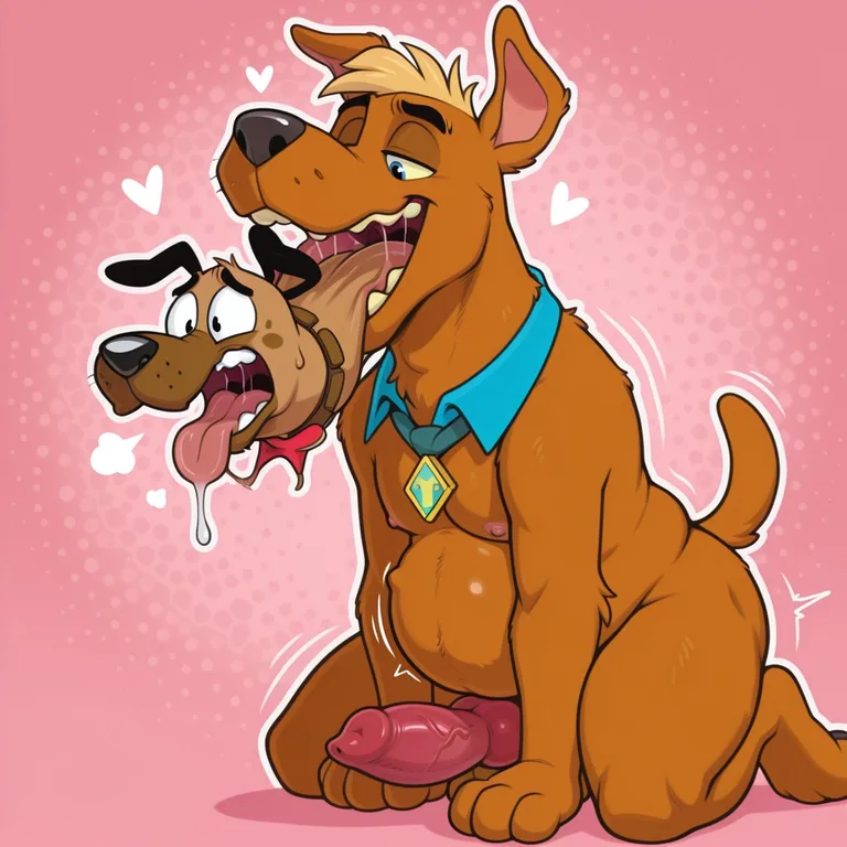 Two Toony Dogs With Rainbow Collars in a Romantic Embrace