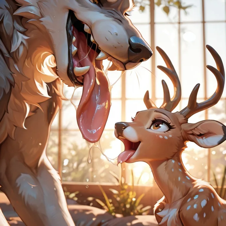 Predatory Wolf Hunting Deer in Forest