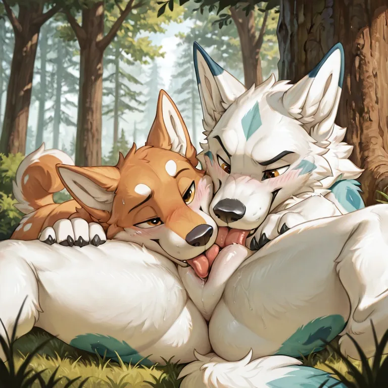 Two White Canids in a Sunlit Park Glade