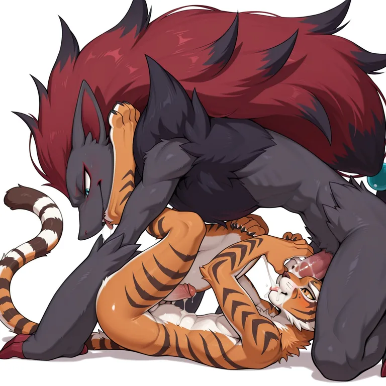 A Zoroark and a Master Tigress Locked in a Playful Embrace