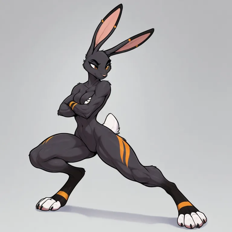 Solo, anthro, jackrabbit, black fur, white tail, muscular th