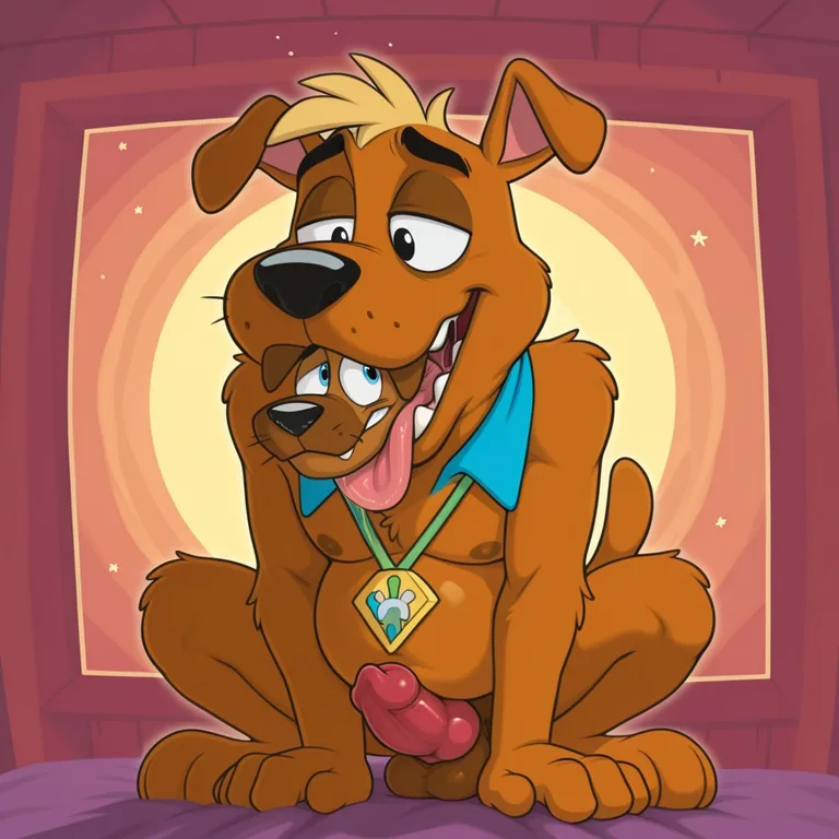 Two Cartoon Dogs Sharing A Rainbow Collar In A Romantic Glade