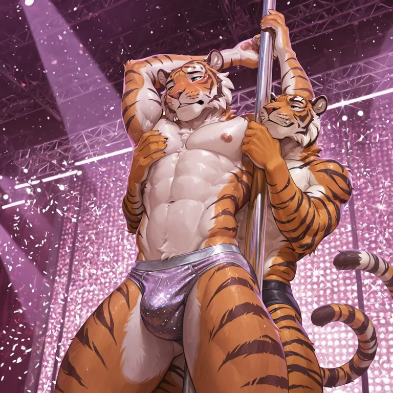 Tiger Pole Dancing in Glittery Underwear