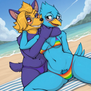 Elderly Avian and Fox on Beach