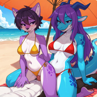 Sunlit Beach Duo: Dragon Couple Embracing