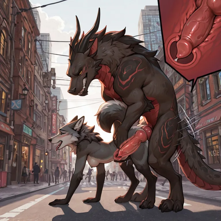 A Feral Wolf and Anthro Dragon on a Busy City Street