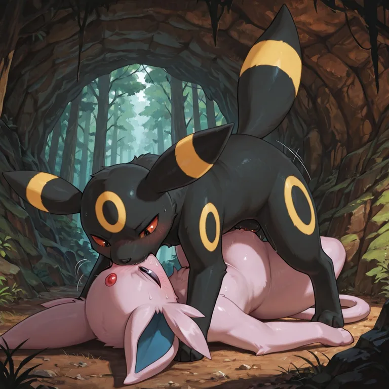 Espeon And Umbreon In Underground Forest Den