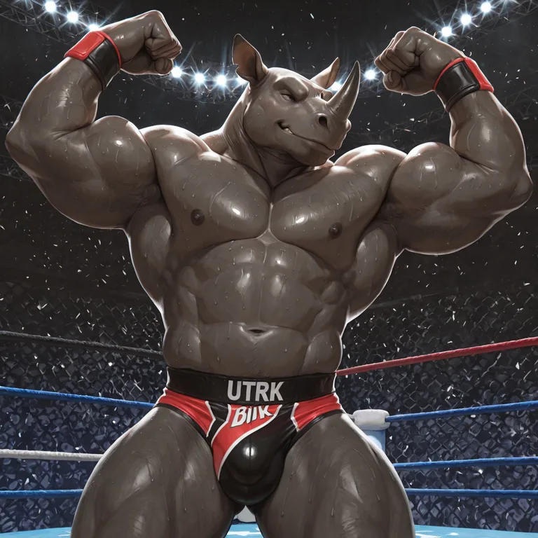 Muscular Rhino Wrestler Flexing