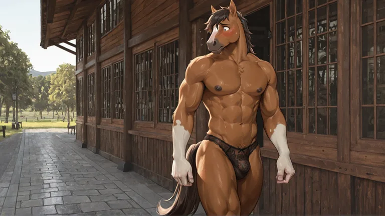 Muscular Male Horse in Lace Underwear Walking