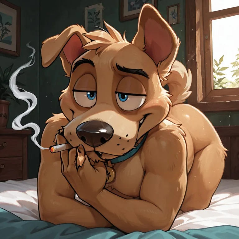 Toony Blonde Dog Smoking Marijuana
