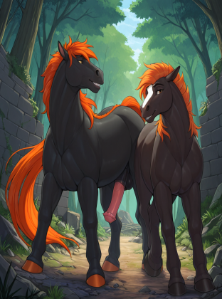 Anthro Dragon and Horse in Forest Ruins