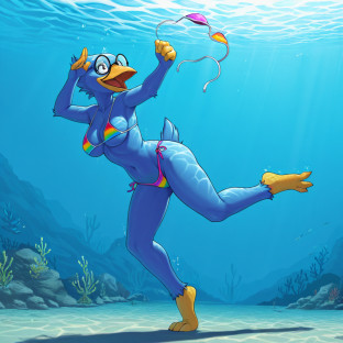Elderly Avian in Rainbow Bikini Underwater