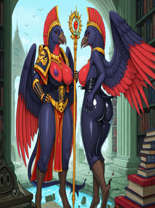 Mysterious Avian Sorceress in Ruined Library
