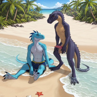 Elderly Raptor and Human on Beach