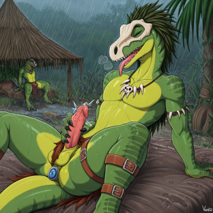Primal Raptor in Rainy Jungle Hut