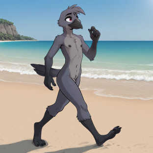 Crow and Male Strolling Beach
