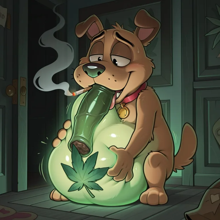 A Tubby Blonde Hound Smokes a Joint in a Green Glow