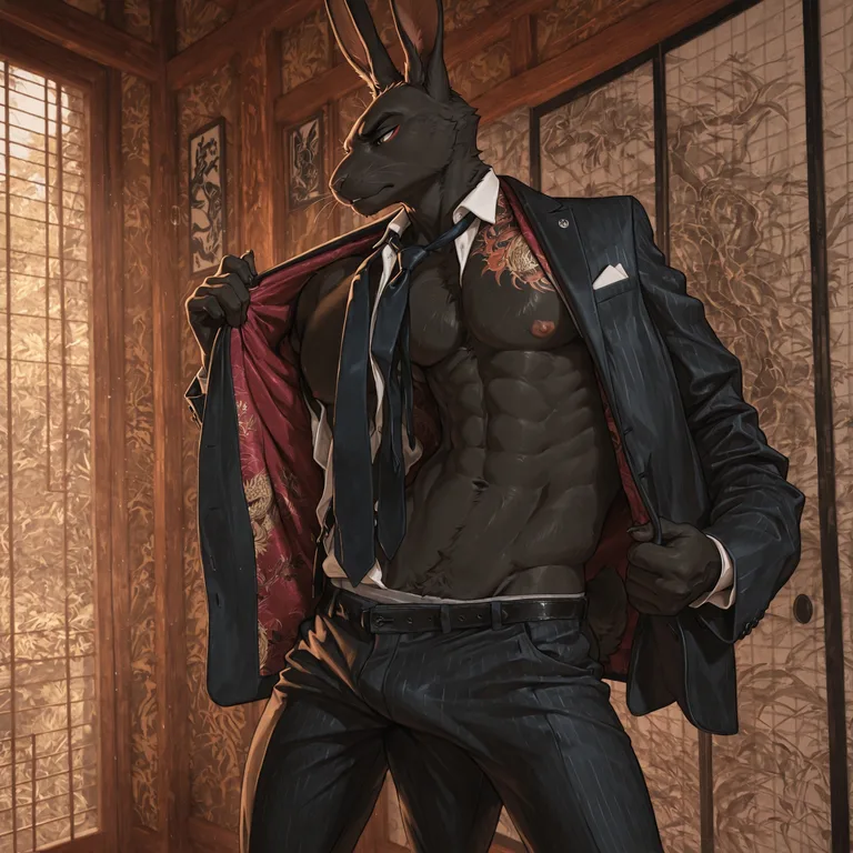 Muscular Jackrabbit Yakuza in Black Suit