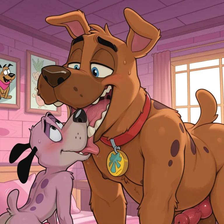Two Anthro Dogs Sharing a Romantic Embrace in a Cozy Room Marijuana