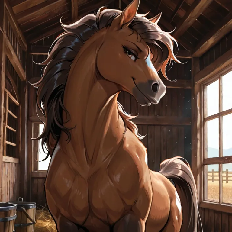 A Mare Stands in a Barn at Dusk