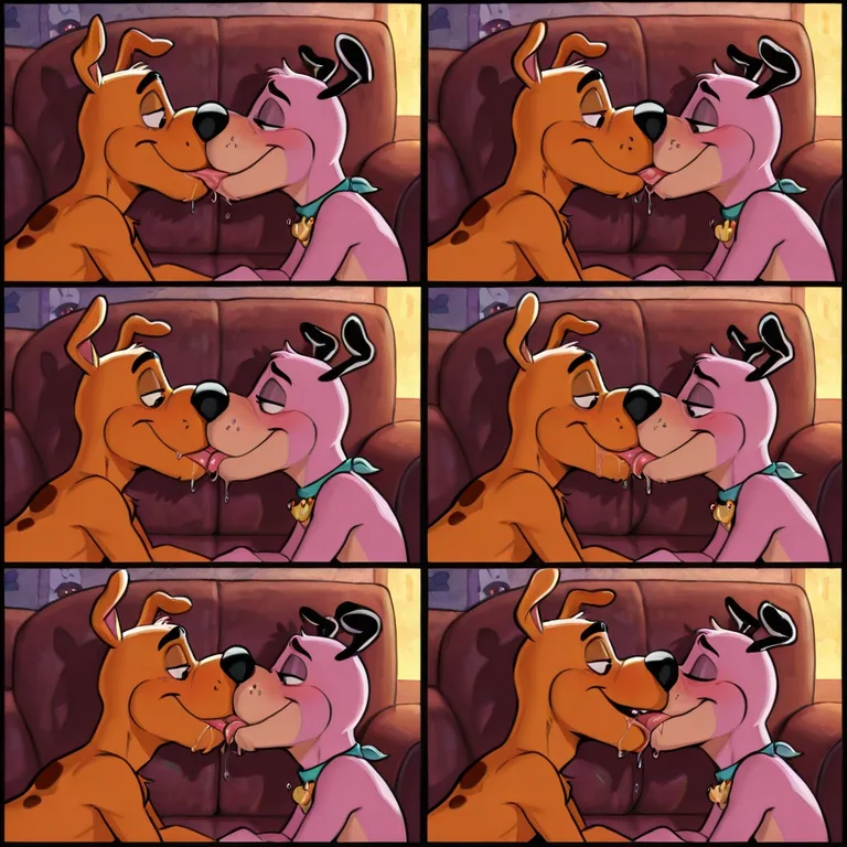 Cartoon Dogs Kissing Passionately on Sofa
