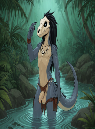 Raptor Dinosaur in Rainy Jungle
