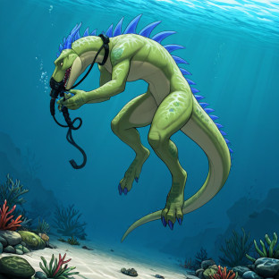 Dinosaur Descending into Underwater Depths