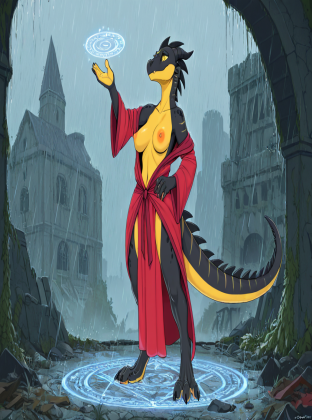 Mysterious Dragon in Rainy Castle Ruins
