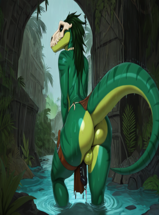 Prehistoric Raptor Warrior in Jungle Ruins