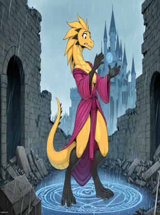 Mysterious Dragon in Rainy Castle Ruins