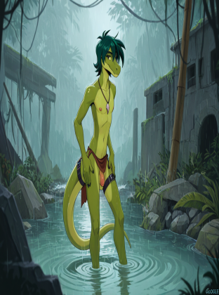 Ancient Raptor in Rainy Jungle Ruins