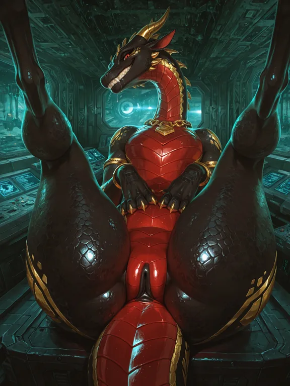 Alien Dragon on Ruined Spaceship Bridge