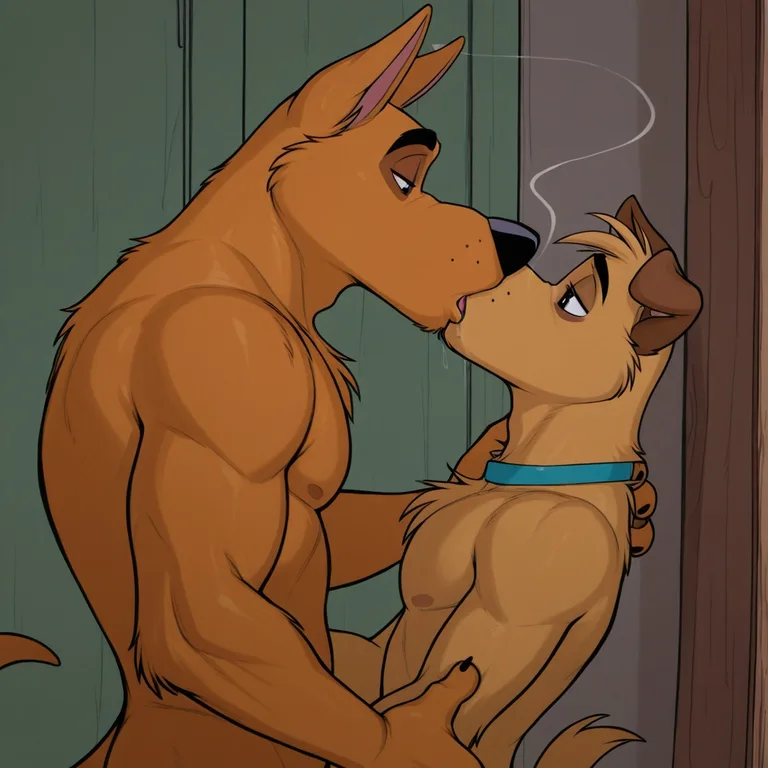 Two Canine Characters Kissing Passionately