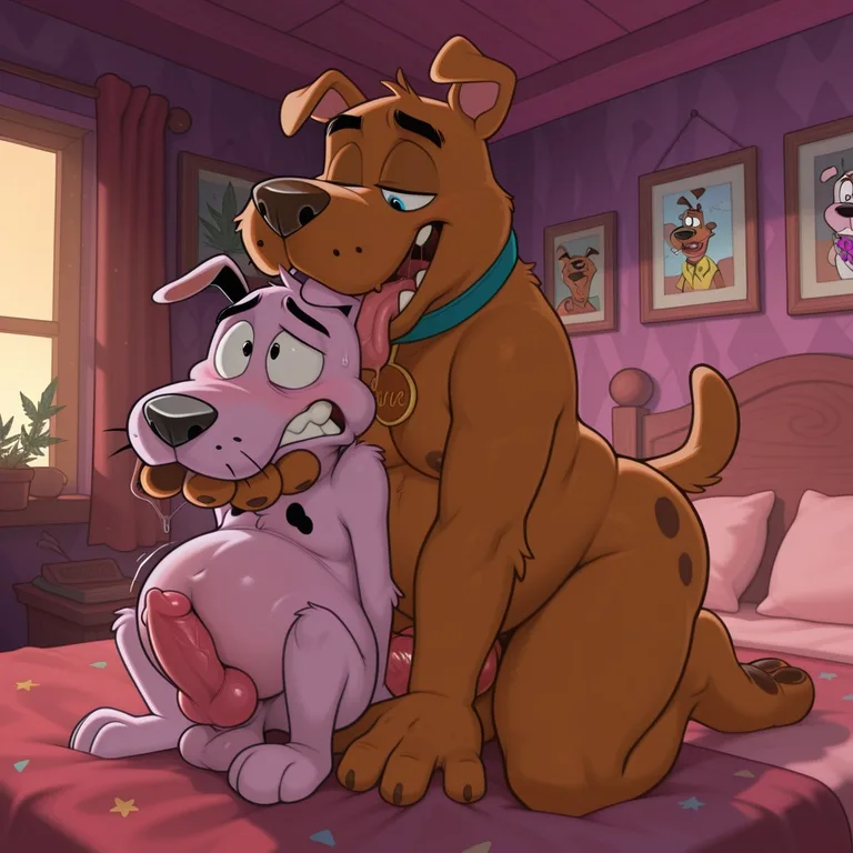 Two Anthro Dogs Sharing a Romantic Embrace in a Cozy Room