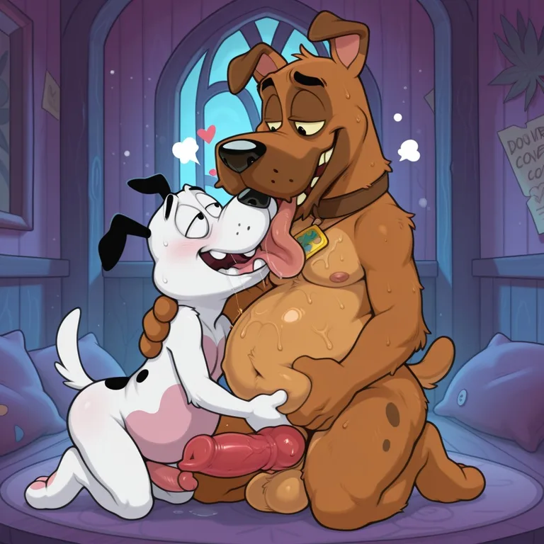 Two Anthro Dogs Share a Romantic Embrace in a Soft Horror Setting