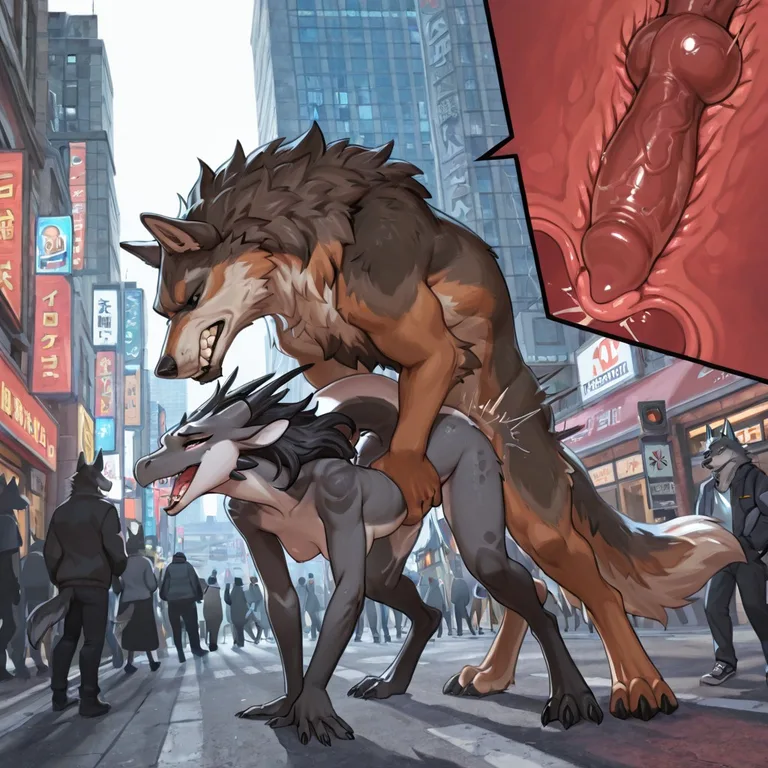 Wolf and Dragon in a Crowded City Square