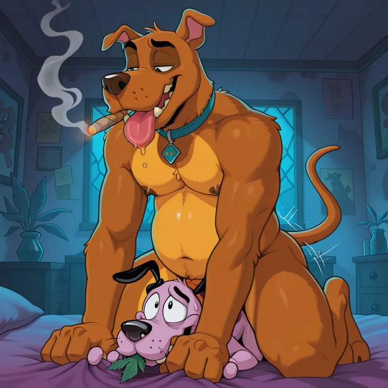 Scooby-Doo and Courage the Cowardly Dog in a 90s Cartoon Scene