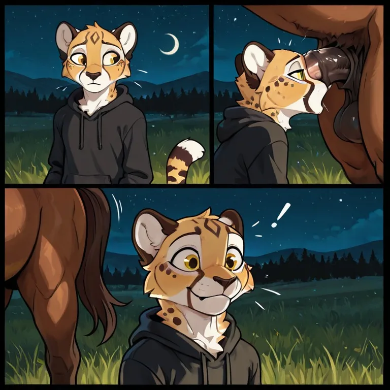 A Cheetah and Horse Stroll at Night