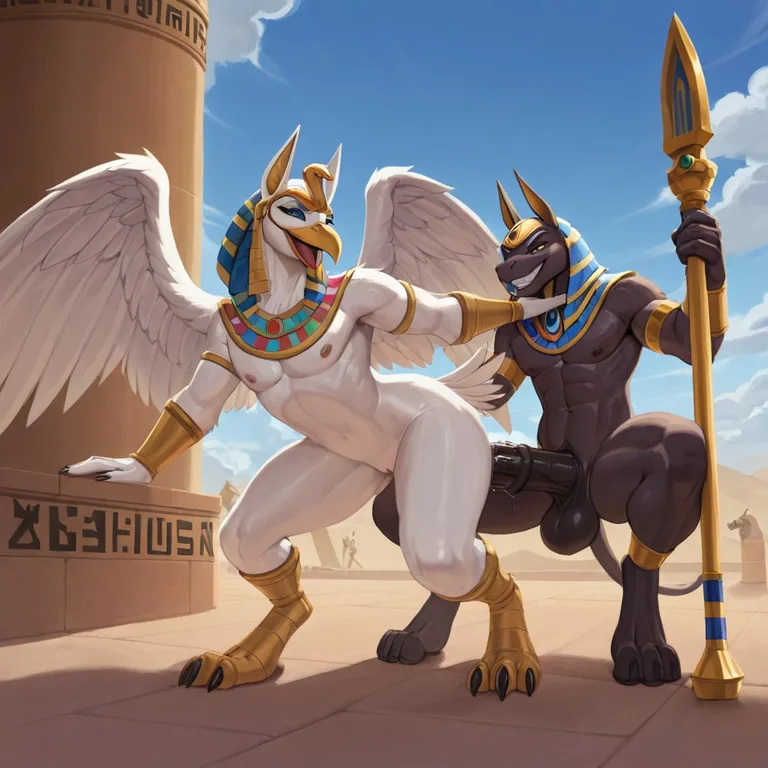 Egyptian Falconer Horus and Avian Warrior in Passionate Embrace