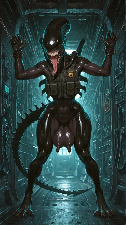 Alien Beast Standing in Submarine Corridor