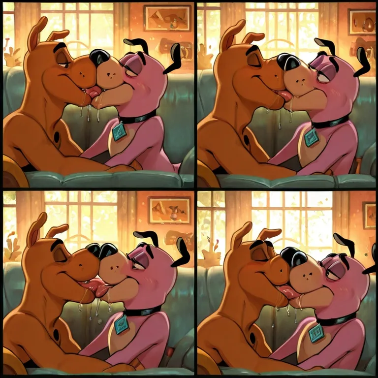 Cartoon Dogs on Sofa Kissing Passionately