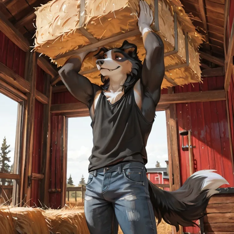 Collie in Tank Top Lifting Hay Bale