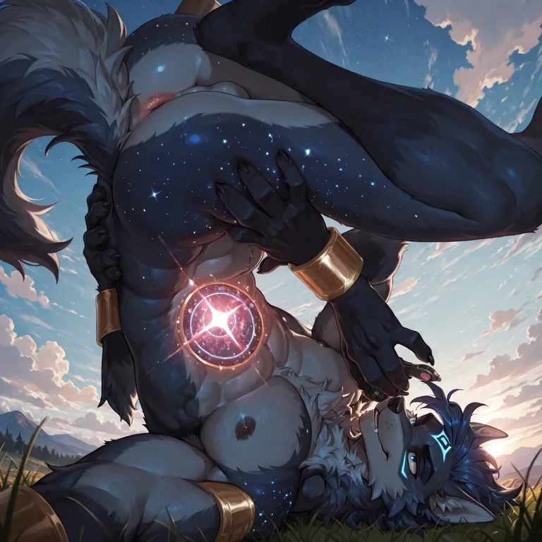 Cosmic Wolf in Sunlit Meadow Contortion