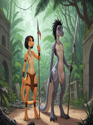 Velociraptor Warrior in Raining Jungle Ruins