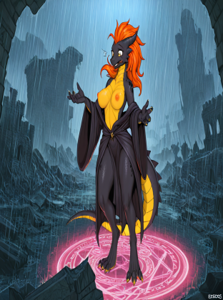 Mysterious Dragon Sorceress in Rainy Ruins
